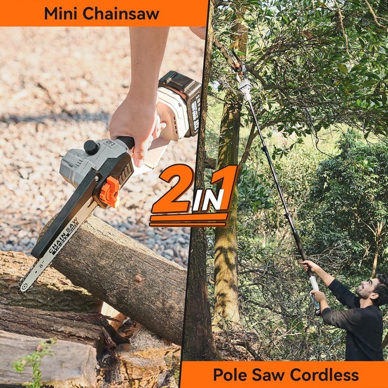 TaskStar 2-in-1 Pole Saw for Tree Trimming, 8 Inch Cordless Mini Chainsaw with Extension Pole, Brushless Motor, with 2 x 4.0 Ah Batteries & Charger, Auto Lubrication, 15 Ft Max Reach - Image 2